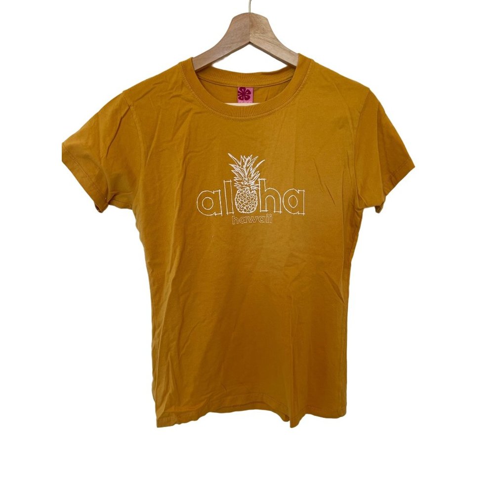 Island Aloha Girl Yellow Shirt T-Shirt Hawaiian HULA Beach Tee Women's Size Larg